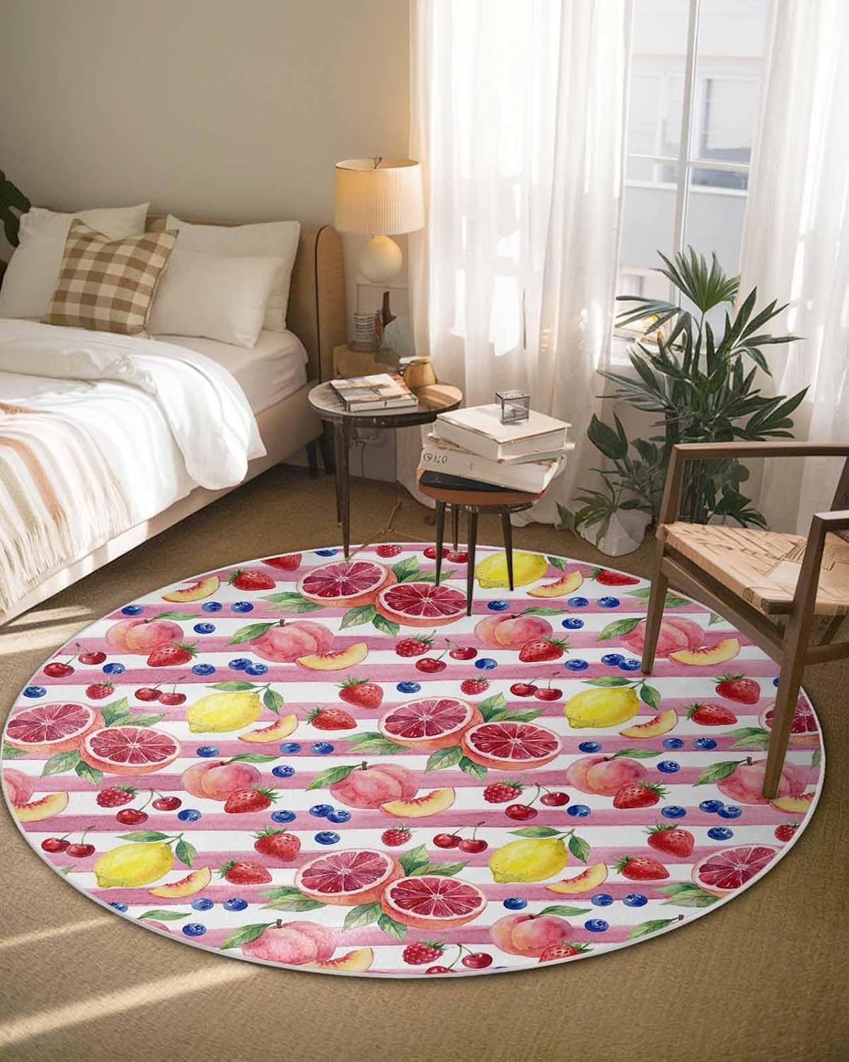 3ft Round Rug,Washable Area Rugs Summer Peach Lemon Grapefruit Soft Circle Indoor Large Carpet Non Slip Floor Rug for Living Room Bedroom Entryway Home Decor Blueberry Strawberry Pink Stripe