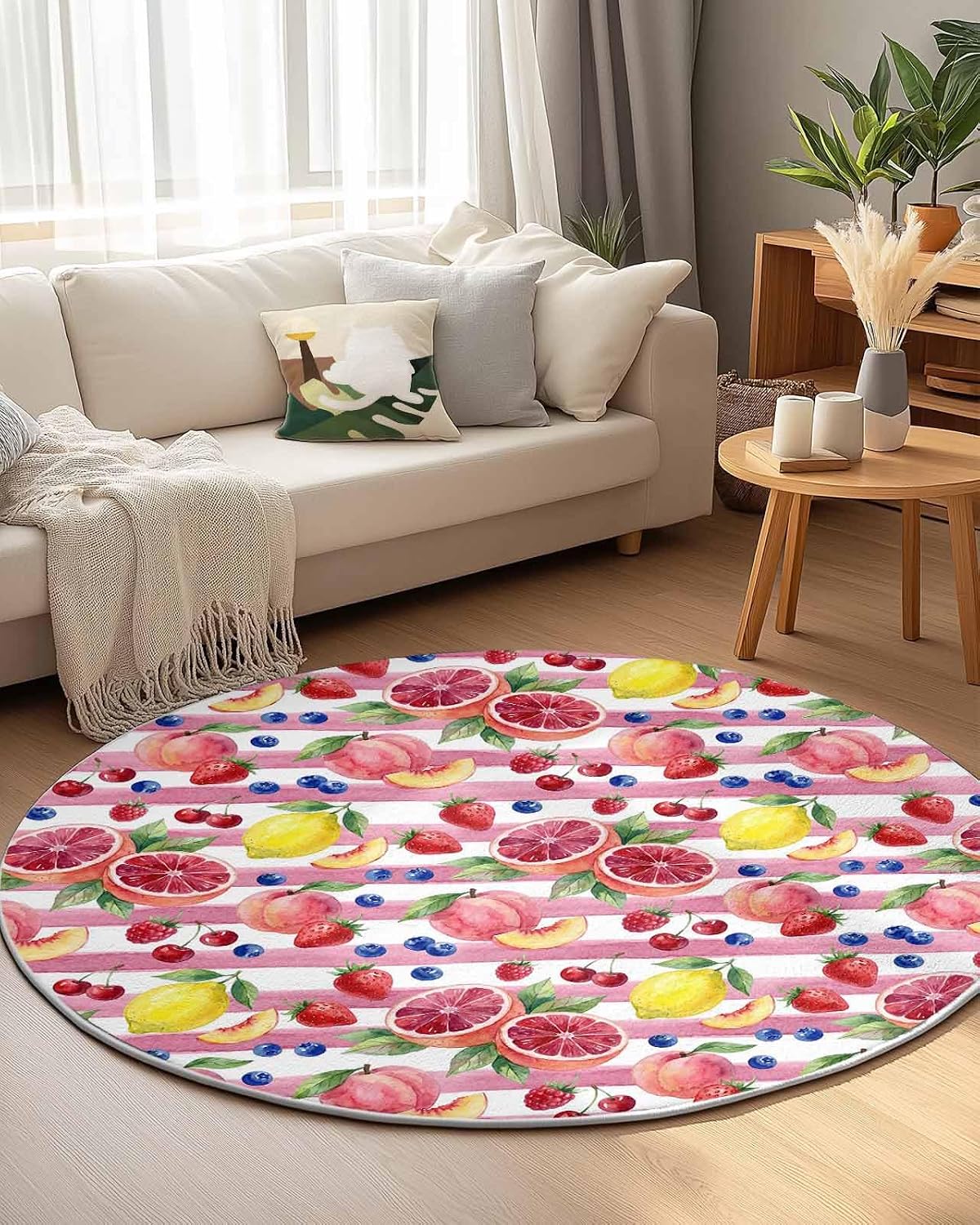 3ft Round Rug,Washable Area Rugs Summer Peach Lemon Grapefruit Soft Circle Indoor Large Carpet Non Slip Floor Rug for Living Room Bedroom Entryway Home Decor Blueberry Strawberry Pink Stripe