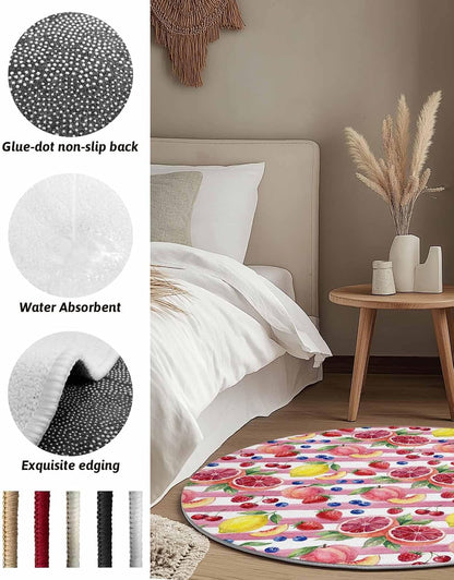 3ft Round Rug,Washable Area Rugs Summer Peach Lemon Grapefruit Soft Circle Indoor Large Carpet Non Slip Floor Rug for Living Room Bedroom Entryway Home Decor Blueberry Strawberry Pink Stripe