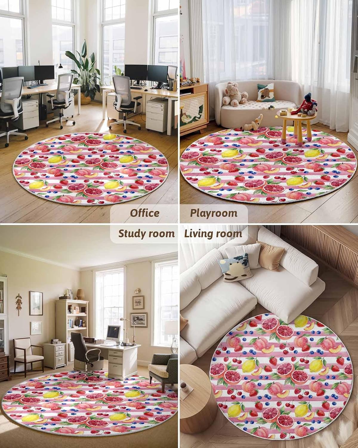 3ft Round Rug,Washable Area Rugs Summer Peach Lemon Grapefruit Soft Circle Indoor Large Carpet Non Slip Floor Rug for Living Room Bedroom Entryway Home Decor Blueberry Strawberry Pink Stripe