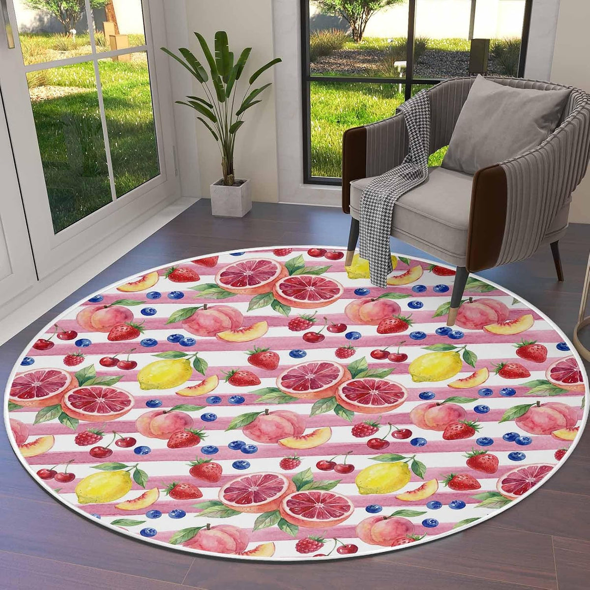 3ft Round Rug,Washable Area Rugs Summer Peach Lemon Grapefruit Soft Circle Indoor Large Carpet Non Slip Floor Rug for Living Room Bedroom Entryway Home Decor Blueberry Strawberry Pink Stripe