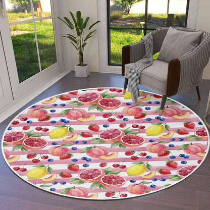3ft Round Rug,Washable Area Rugs Summer Peach Lemon Grapefruit Soft Circle Indoor Large Carpet Non Slip Floor Rug for Living Room Bedroom Entryway Home Decor Blueberry Strawberry Pink Stripe