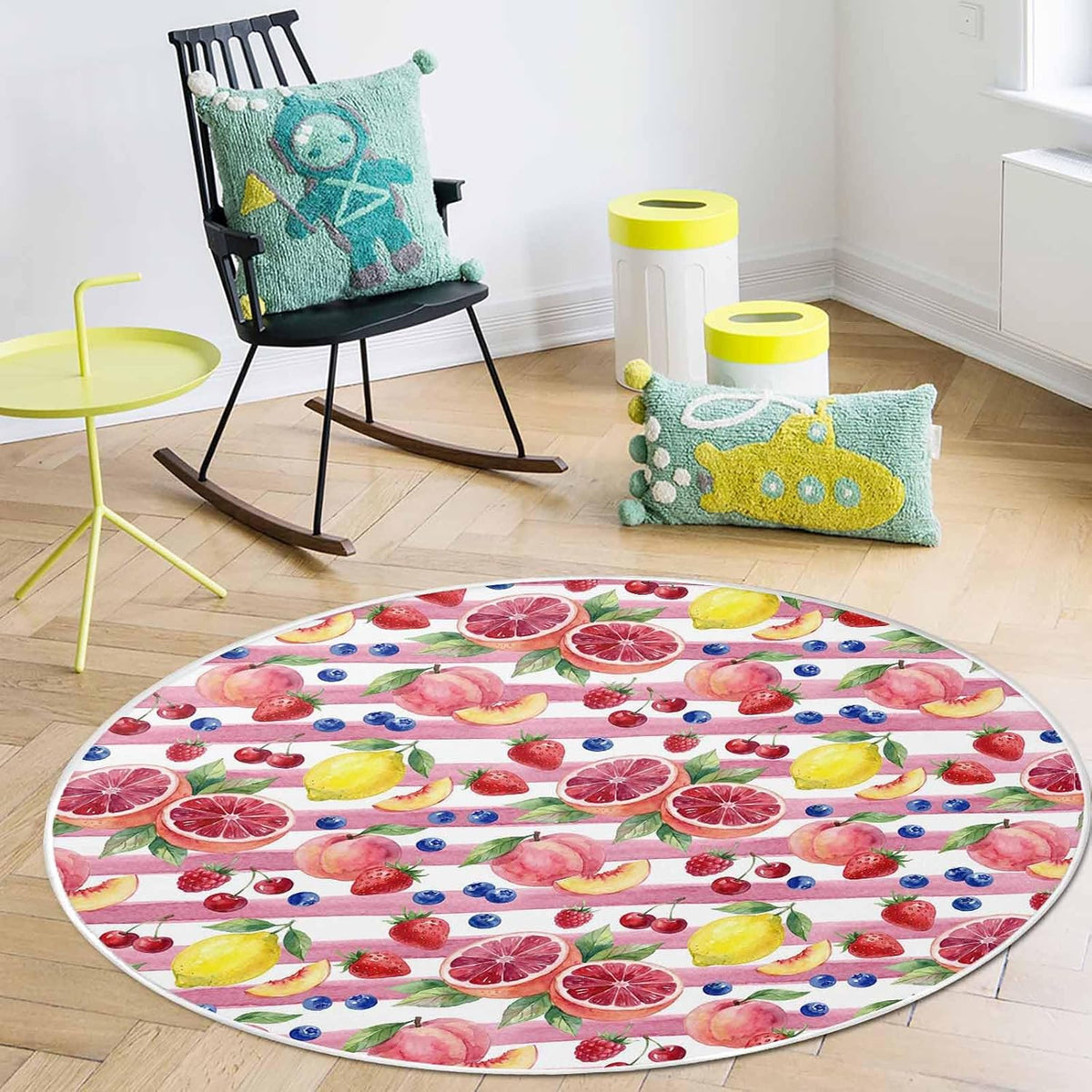 3ft Round Rug,Washable Area Rugs Summer Peach Lemon Grapefruit Soft Circle Indoor Large Carpet Non Slip Floor Rug for Living Room Bedroom Entryway Home Decor Blueberry Strawberry Pink Stripe