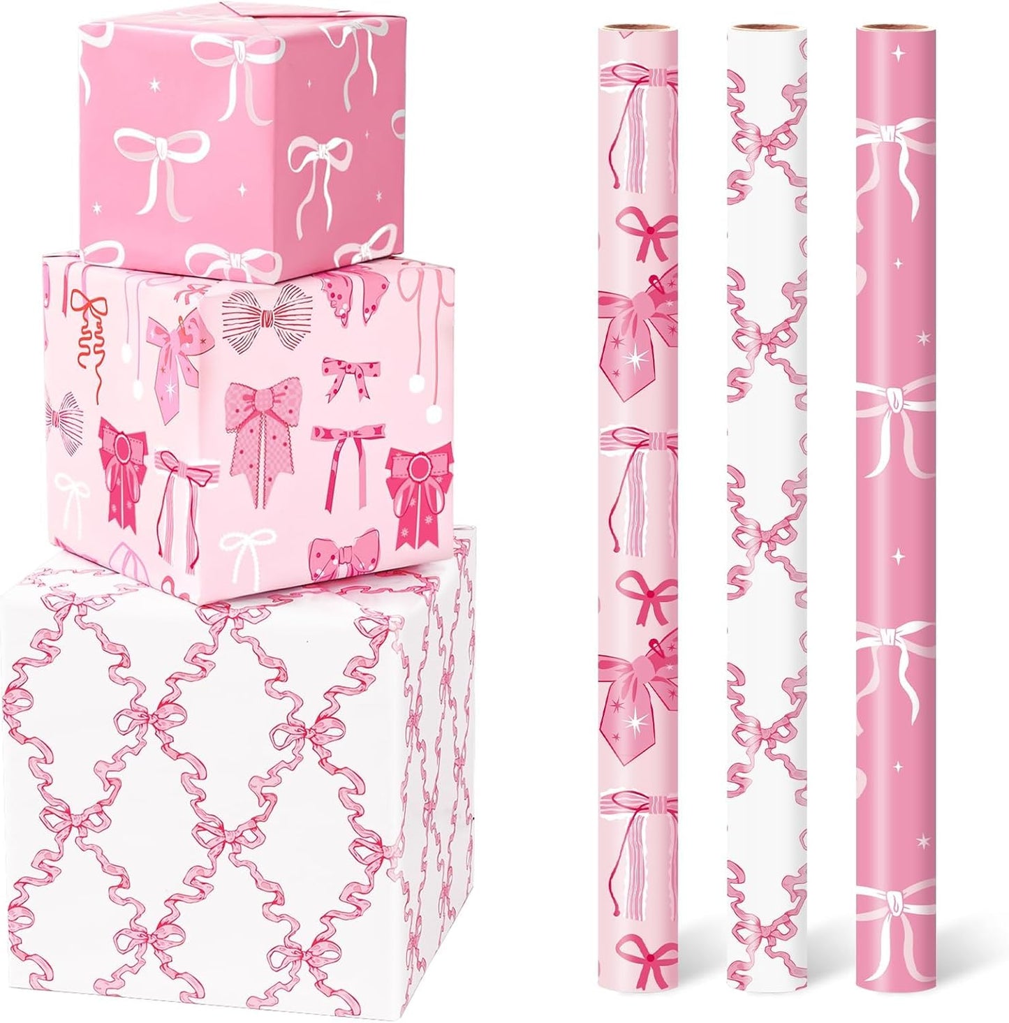Pink Bow Wrapping Papers - 3 Rolls 17” x 120” Princess Bow Wrapping Paper for Girls Women Birthday Gift Packing Supplies Wedding Baby Shower Graduation Party Decor Favor