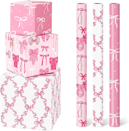 Pink Bow Wrapping Papers - 3 Rolls 17” x 120” Princess Bow Wrapping Paper for Girls Women Birthday Gift Packing Supplies Wedding Baby Shower Graduation Party Decor Favor