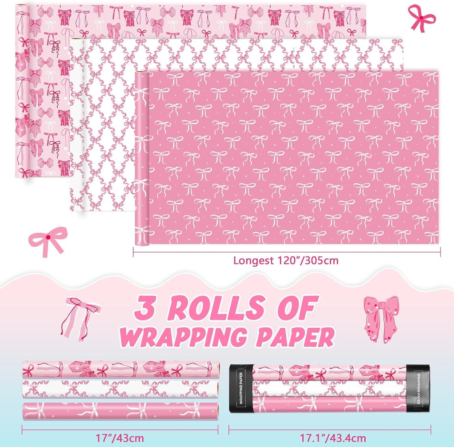 Pink Bow Wrapping Papers - 3 Rolls 17” x 120” Princess Bow Wrapping Paper for Girls Women Birthday Gift Packing Supplies Wedding Baby Shower Graduation Party Decor Favor