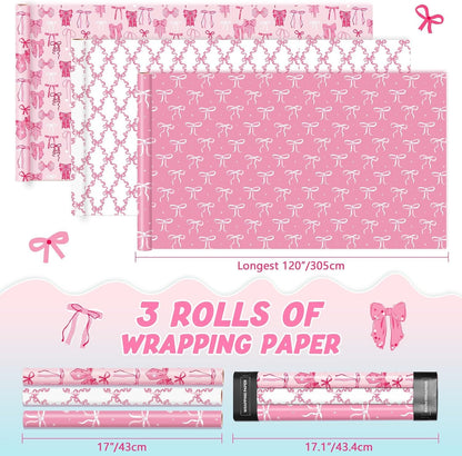 Pink Bow Wrapping Papers - 3 Rolls 17” x 120” Princess Bow Wrapping Paper for Girls Women Birthday Gift Packing Supplies Wedding Baby Shower Graduation Party Decor Favor