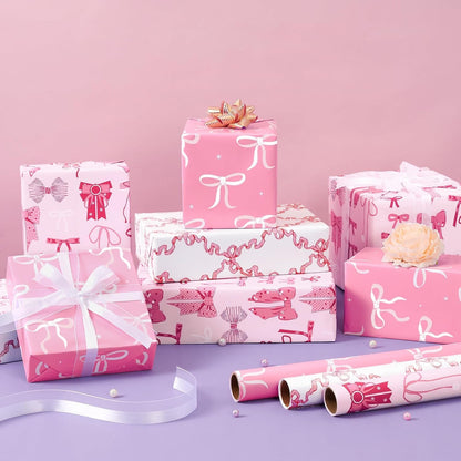 Pink Bow Wrapping Papers - 3 Rolls 17” x 120” Princess Bow Wrapping Paper for Girls Women Birthday Gift Packing Supplies Wedding Baby Shower Graduation Party Decor Favor