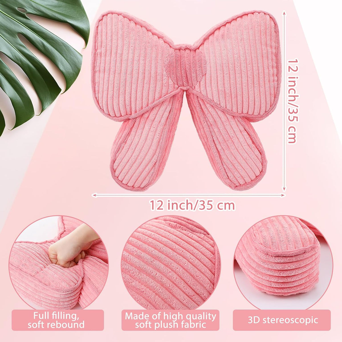 Pink Bow Pillow 12'' Coquettish Bow Shaped Decorative Pillows Soft Corduroy Pink Cushion for Girls Women Room Bed Sofa Couch Aesthetic Home Decor Gift
