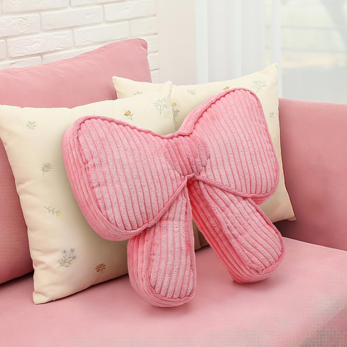 Pink Bow Pillow 12'' Coquettish Bow Shaped Decorative Pillows Soft Corduroy Pink Cushion for Girls Women Room Bed Sofa Couch Aesthetic Home Decor Gift