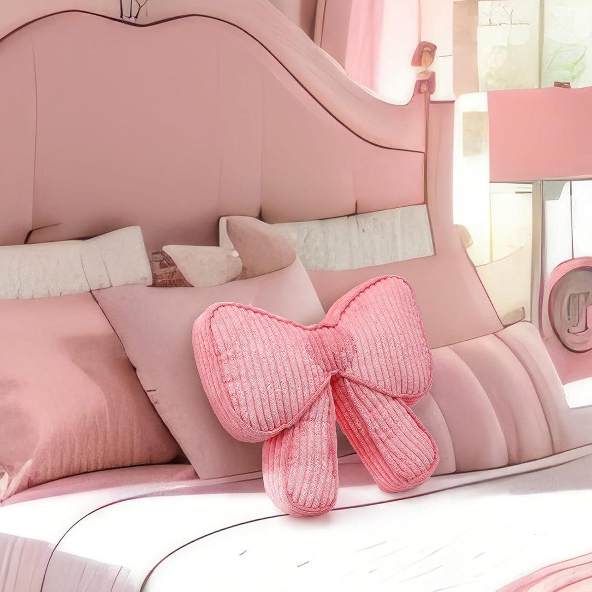 Pink Bow Pillow 12'' Coquettish Bow Shaped Decorative Pillows Soft Corduroy Pink Cushion for Girls Women Room Bed Sofa Couch Aesthetic Home Decor Gift