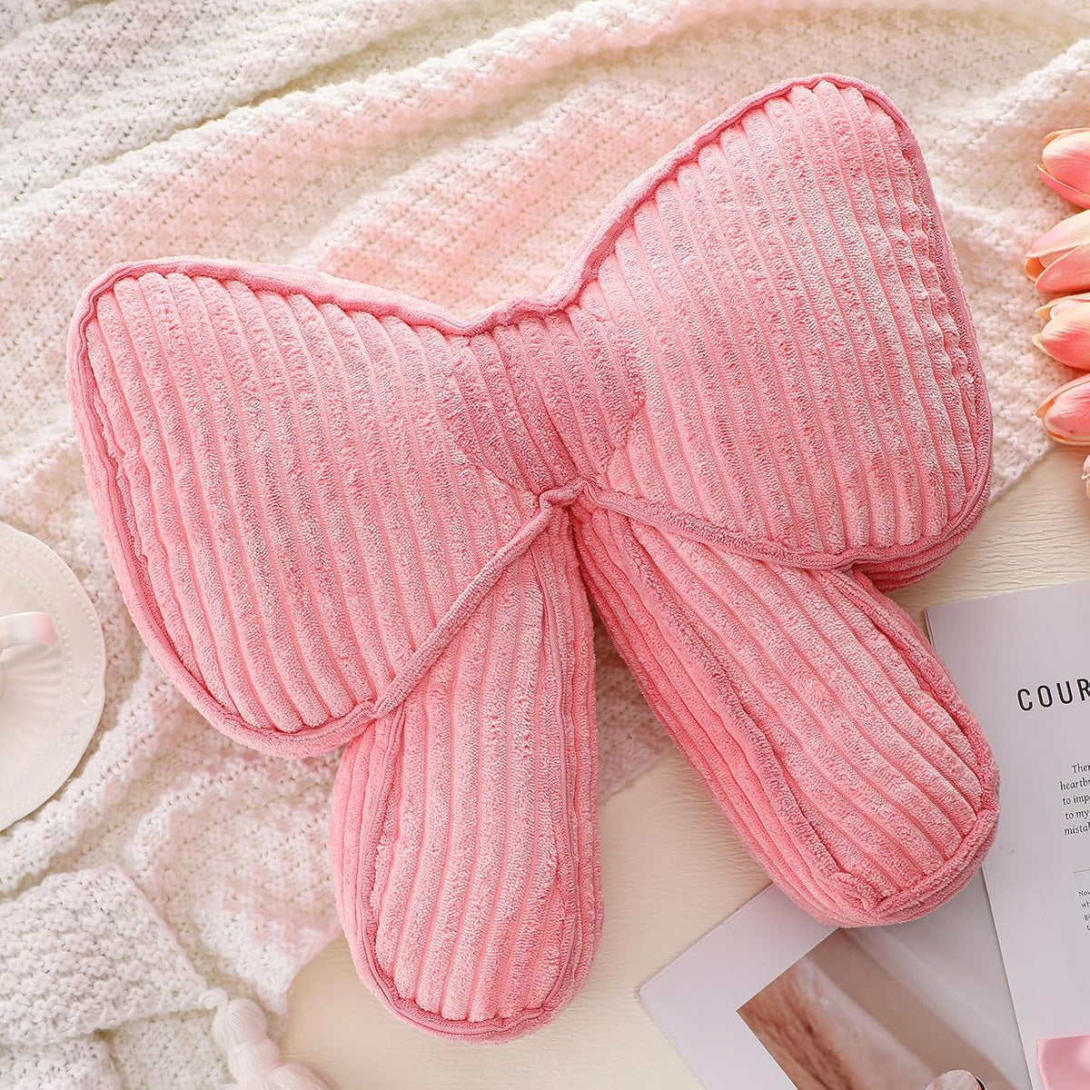 Pink Bow Pillow 12'' Coquettish Bow Shaped Decorative Pillows Soft Corduroy Pink Cushion for Girls Women Room Bed Sofa Couch Aesthetic Home Decor Gift