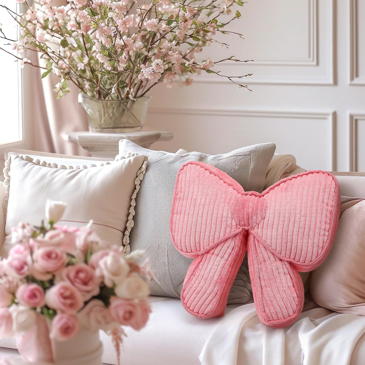 Pink Bow Pillow 12'' Coquettish Bow Shaped Decorative Pillows Soft Corduroy Pink Cushion for Girls Women Room Bed Sofa Couch Aesthetic Home Decor Gift