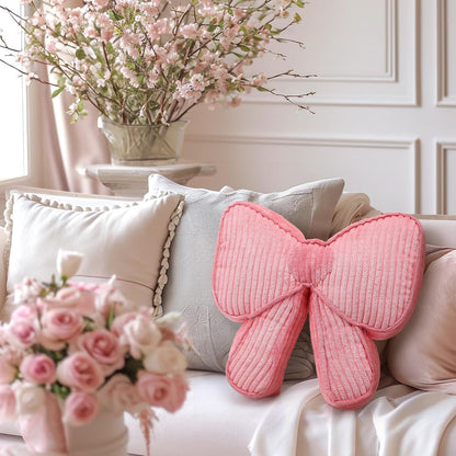 Pink Bow Pillow 12'' Coquettish Bow Shaped Decorative Pillows Soft Corduroy Pink Cushion for Girls Women Room Bed Sofa Couch Aesthetic Home Decor Gift