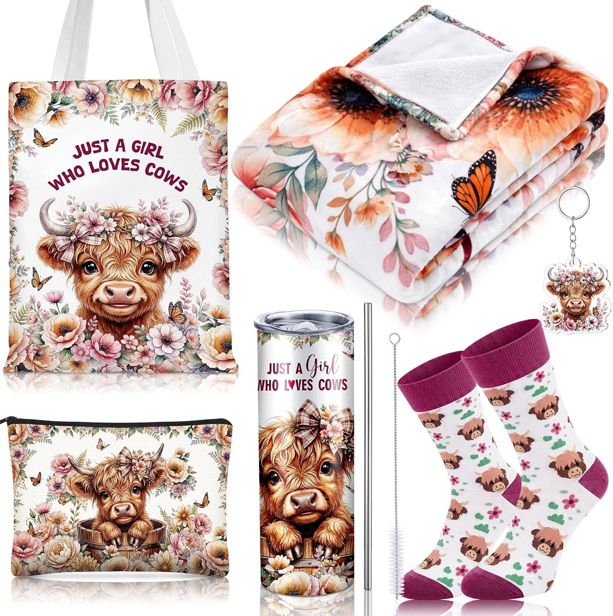 6 Pcs Highland Cow Gifts for Women, Pink & Peach