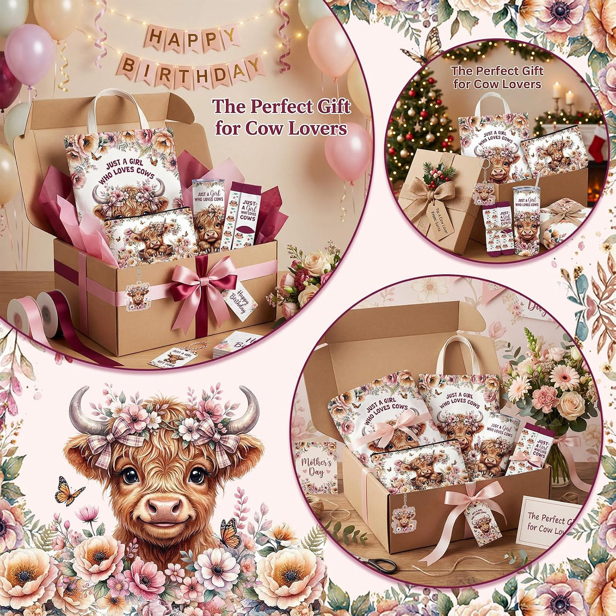 6 Pcs Highland Cow Gifts for Women, Pink & Peach