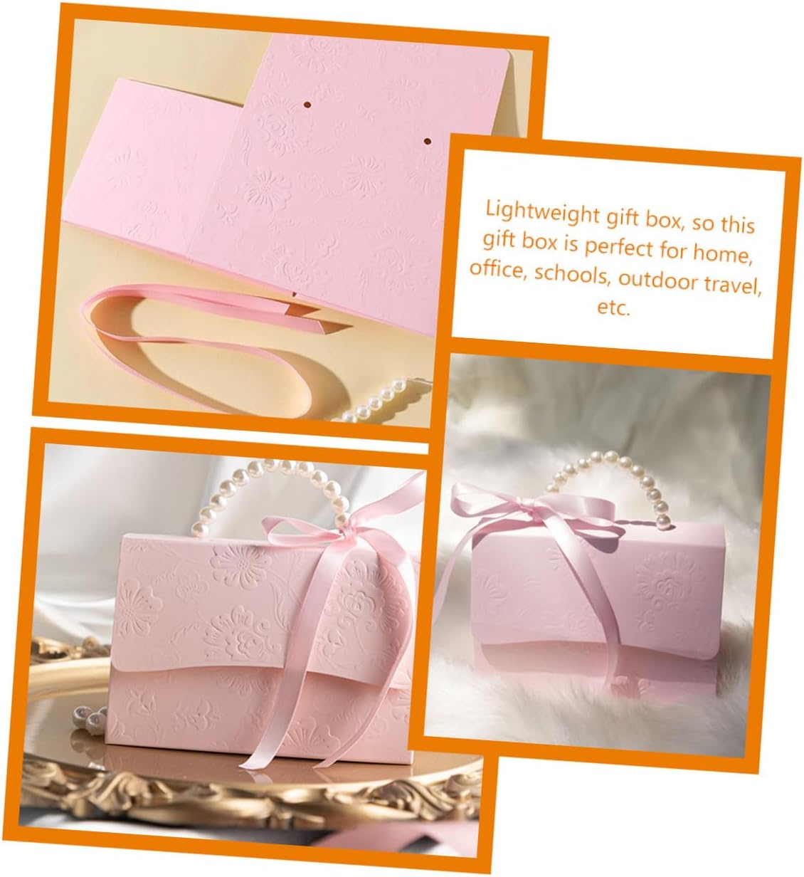 Mini and Medium Pink Boxes Set, Paper Floral Sweet Present Wrap Boxes with Pearl Chain, Party and Wedding Favor Decorative Packaging Bags