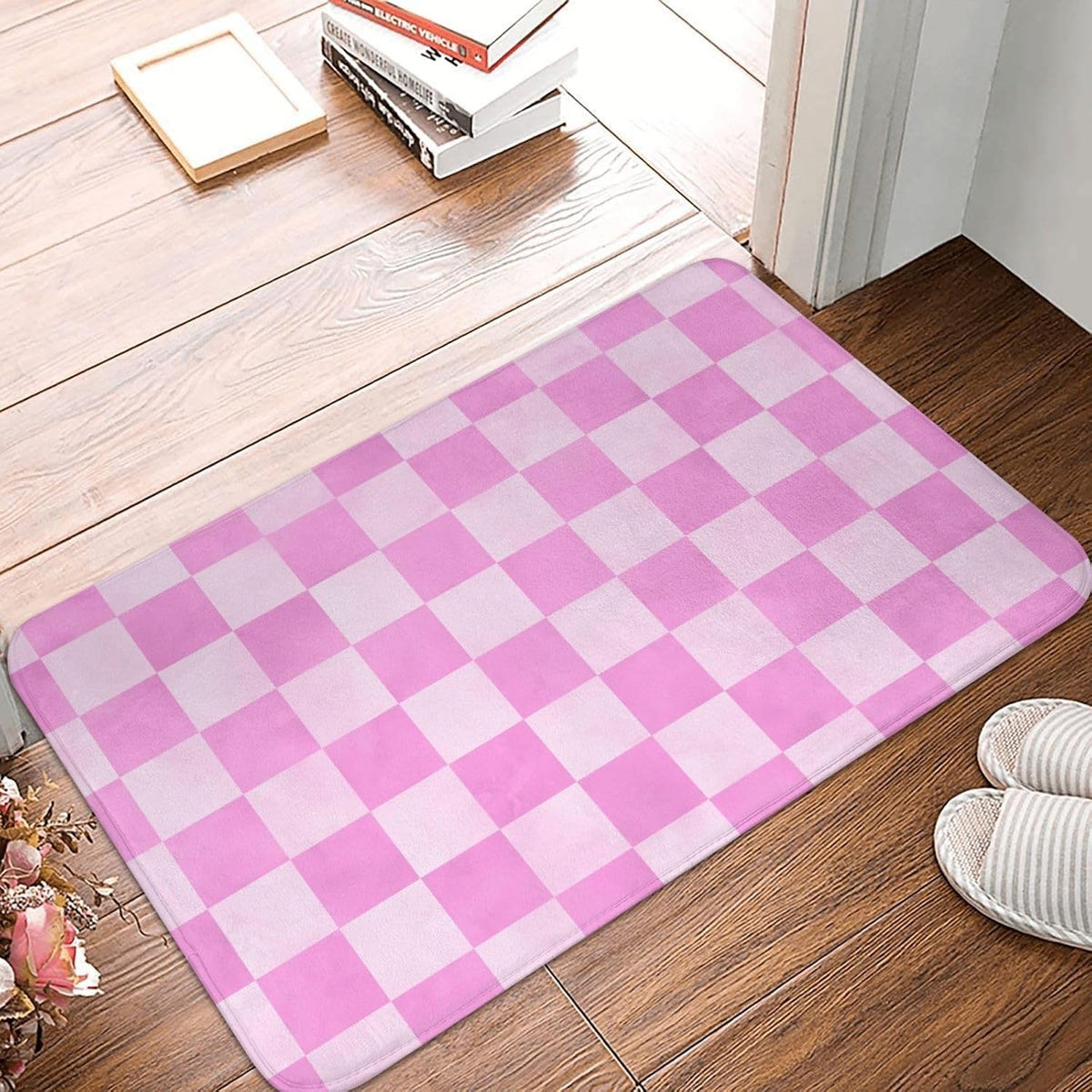 Pink Checker Print Bathroom Rugs 16x24 Inches, Non-Slip Absorbent Bath Mat Rugs, Machine Washable Bath Mats Shower Rug for Bathroom
