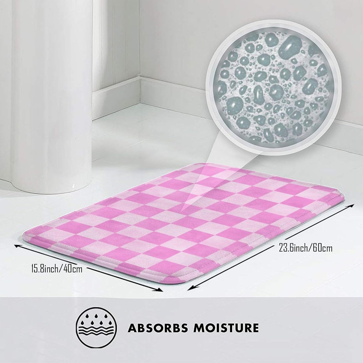 Pink Checker Print Bathroom Rugs 16x24 Inches, Non-Slip Absorbent Bath Mat Rugs, Machine Washable Bath Mats Shower Rug for Bathroom