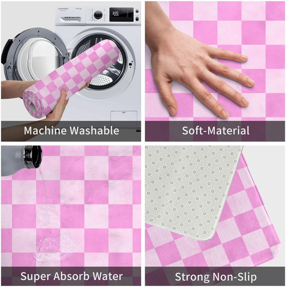 Pink Checker Print Bathroom Rugs 16x24 Inches, Non-Slip Absorbent Bath Mat Rugs, Machine Washable Bath Mats Shower Rug for Bathroom