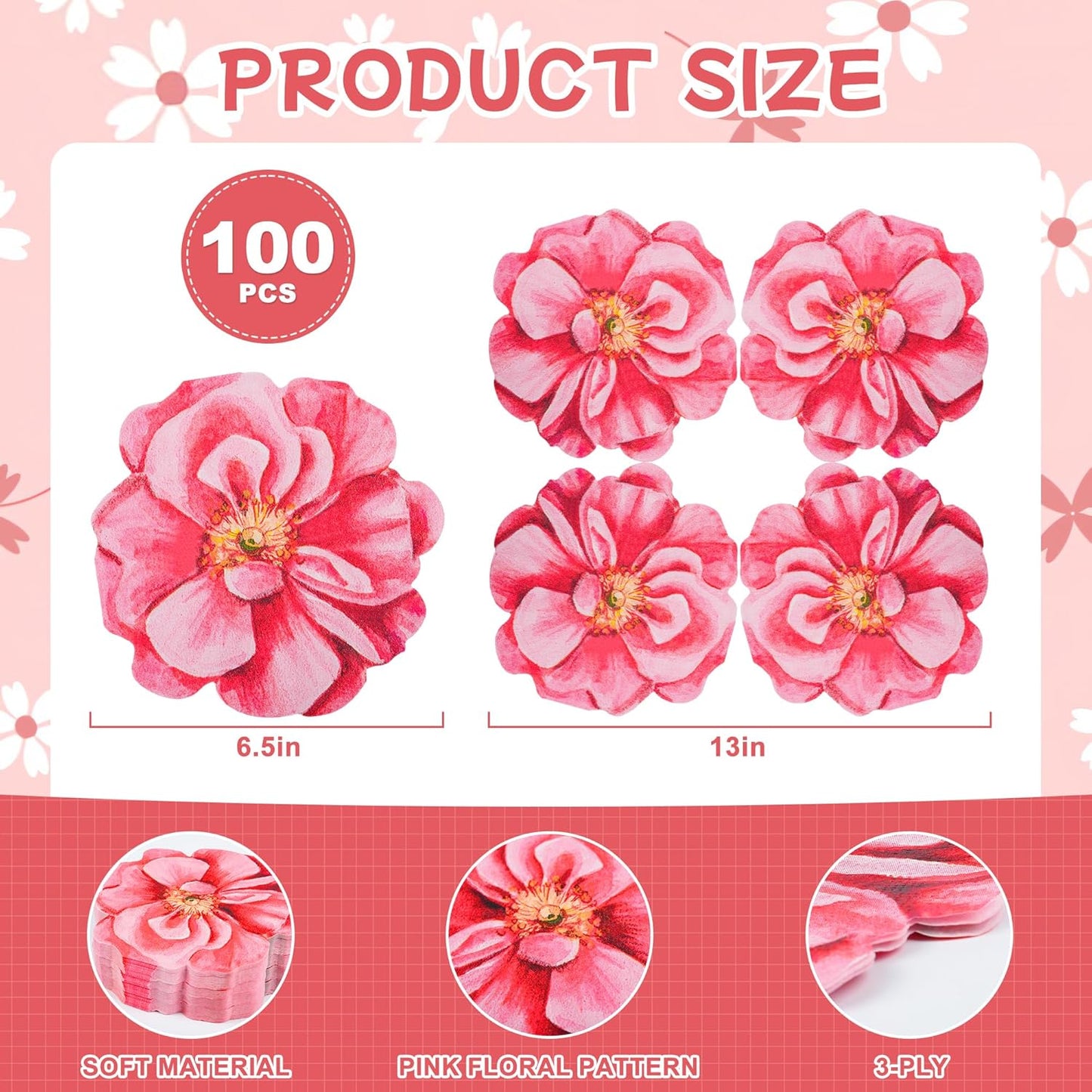 100Pcs Flower Paper Napkins Pink Disposable Floral Napkins Flower Shaped Cocktail Napkins for Mothers Day Birthday Bridal Baby Shower Party Supplies