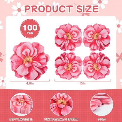 100Pcs Flower Paper Napkins Pink Disposable Floral Napkins Flower Shaped Cocktail Napkins for Mothers Day Birthday Bridal Baby Shower Party Supplies