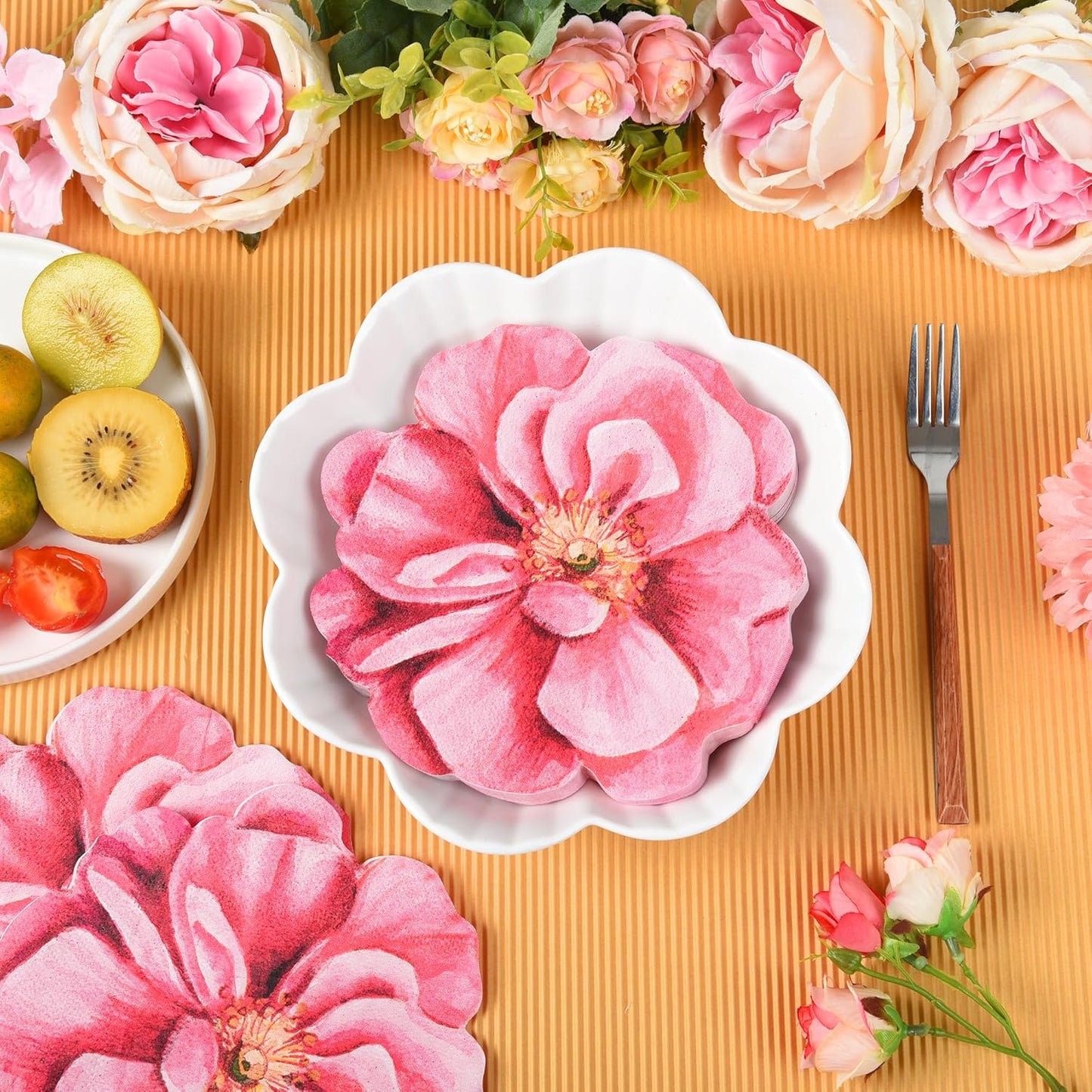 100Pcs Flower Paper Napkins Pink Disposable Floral Napkins Flower Shaped Cocktail Napkins for Mothers Day Birthday Bridal Baby Shower Party Supplies