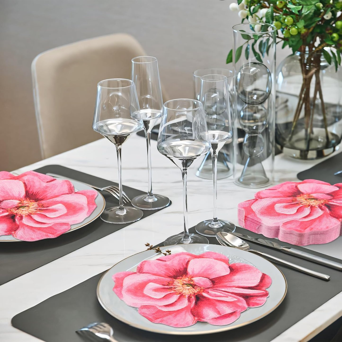 100Pcs Flower Paper Napkins Pink Disposable Floral Napkins Flower Shaped Cocktail Napkins for Mothers Day Birthday Bridal Baby Shower Party Supplies