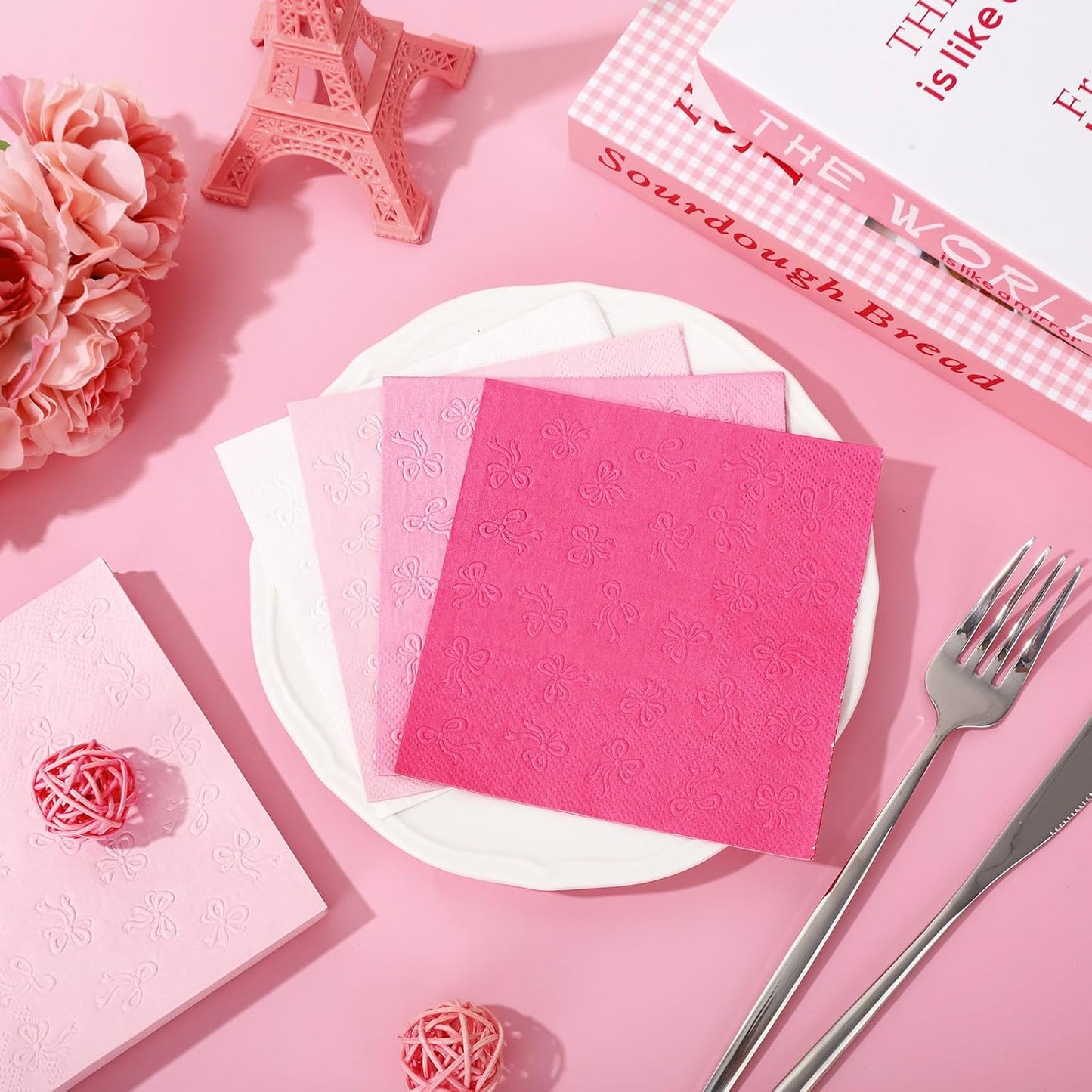 JarThenaAMCS 100Pcs Pink Bow Cocktail Napkins Coquette Cute Bow Embossed Paper Napkin Pink Bowknot Disposable Beverage Napkin for Bachelorette Birthday Party Supplies(4 Colors, 3 Ply)