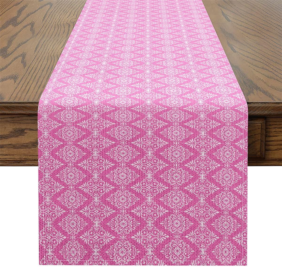 Damask Tabletop Decor for Kitchen Or Dining,Antique Victorian Baroque Boho Table Runners for Boys Teens Adult,Abstract Geometric Table Mat 13 X 60 Inches,Pink White