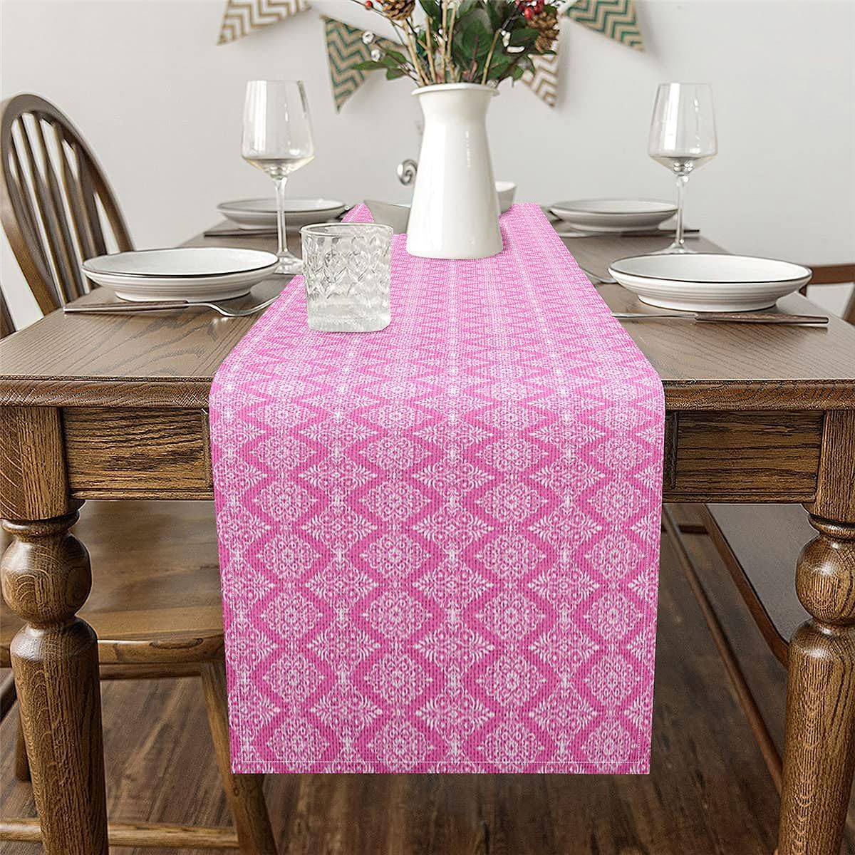 Damask Tabletop Decor for Kitchen Or Dining,Antique Victorian Baroque Boho Table Runners for Boys Teens Adult,Abstract Geometric Table Mat 13 X 60 Inches,Pink White