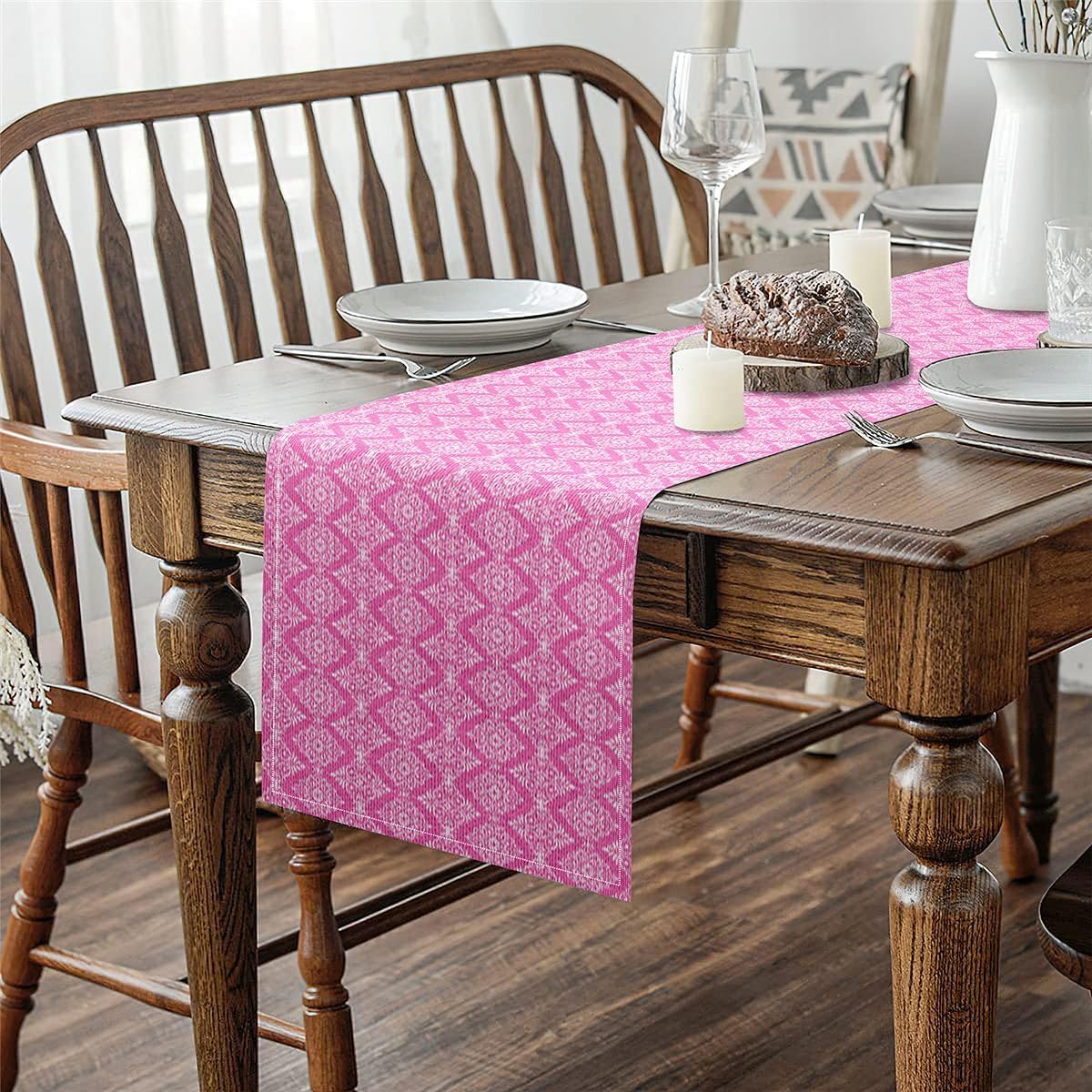 Damask Tabletop Decor for Kitchen Or Dining,Antique Victorian Baroque Boho Table Runners for Boys Teens Adult,Abstract Geometric Table Mat 13 X 60 Inches,Pink White