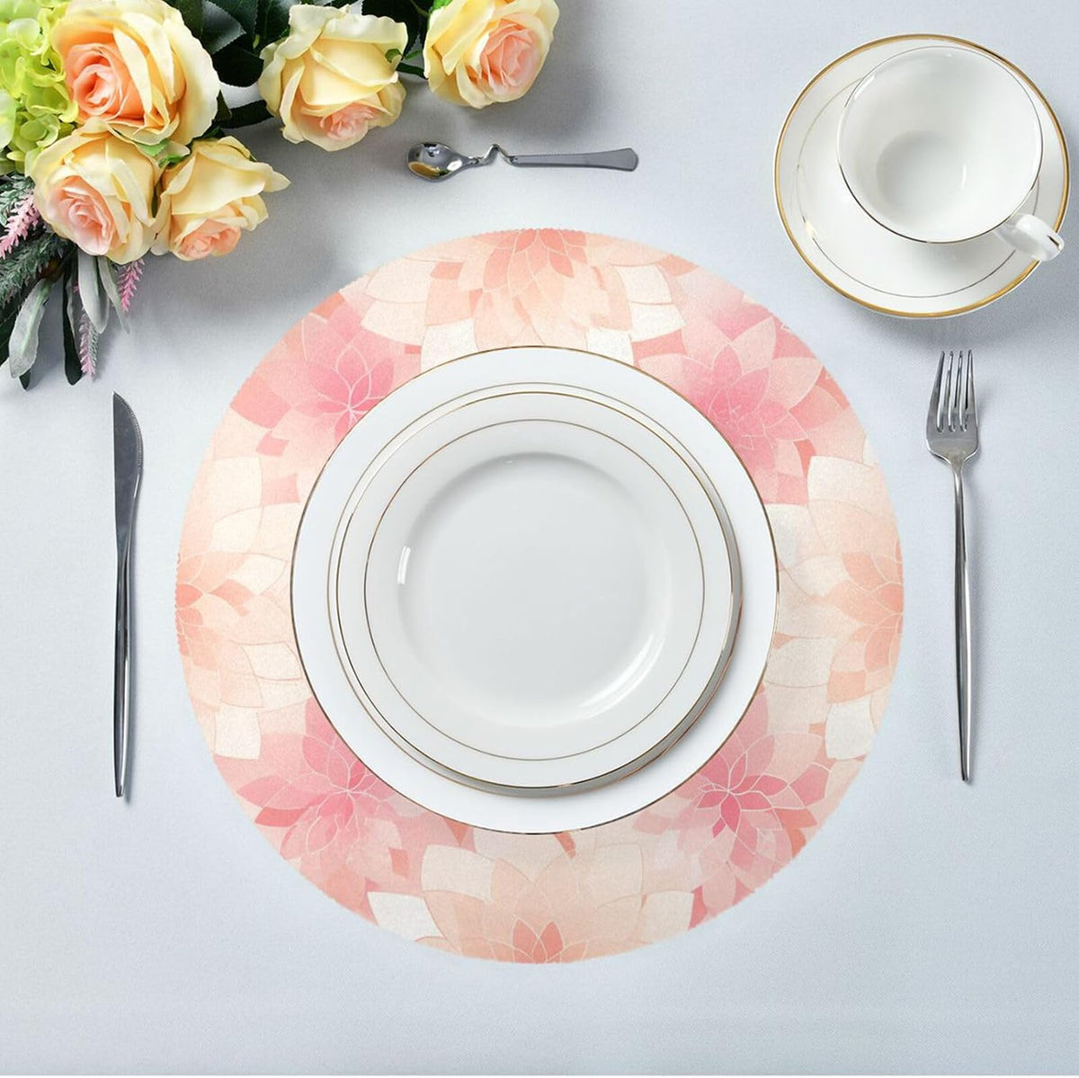 Rosette Floral Pattern Peach Gold Round Natural placemats Vinyl Waterproof Round placemats for Dining Table Set of 6 15.4x15.4in