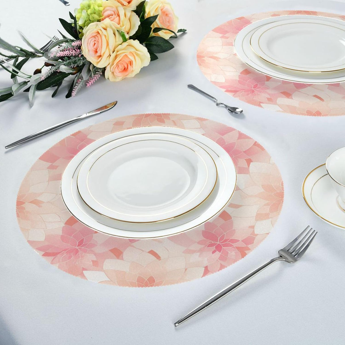 Rosette Floral Pattern Peach Gold Round Natural placemats Vinyl Waterproof Round placemats for Dining Table Set of 6 15.4x15.4in