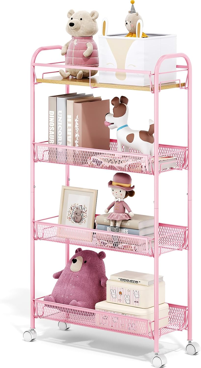4-Tier Slim Rolling Cart, Metal Storage Cart with Wooden Tabletop and Mesh Baskets for Narrow Space on Kitchen Bathroom Laundry Room Bedroom Apartments Dormitory