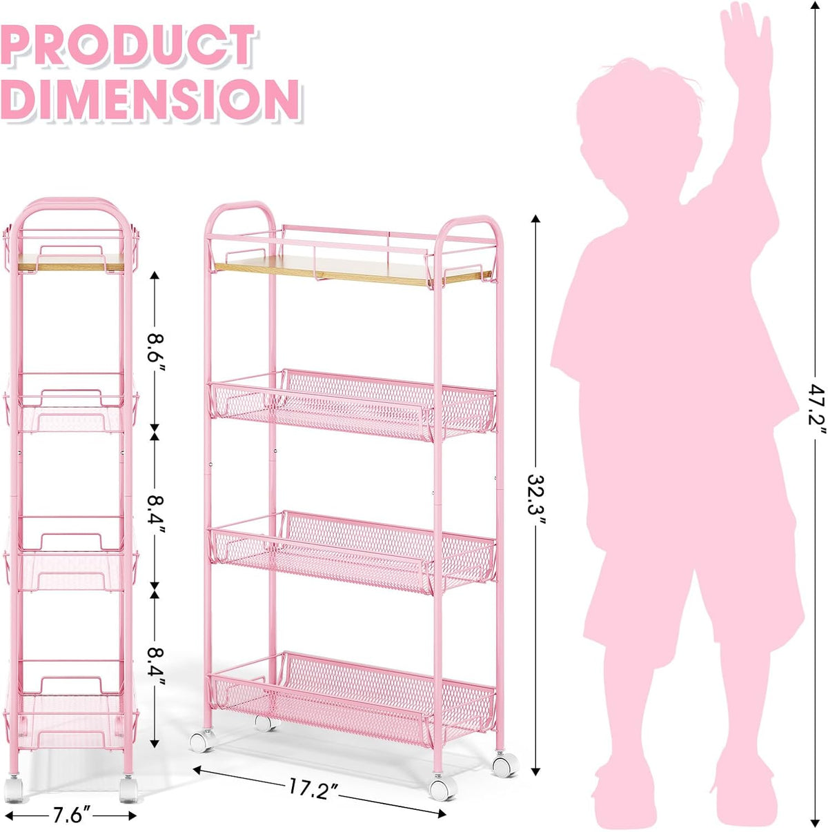 4-Tier Slim Rolling Cart, Metal Storage Cart with Wooden Tabletop and Mesh Baskets for Narrow Space on Kitchen Bathroom Laundry Room Bedroom Apartments Dormitory