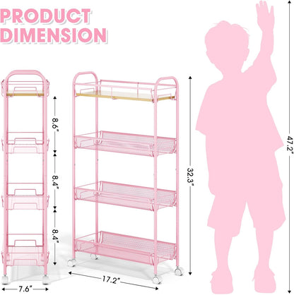 4-Tier Slim Rolling Cart, Metal Storage Cart with Wooden Tabletop and Mesh Baskets for Narrow Space on Kitchen Bathroom Laundry Room Bedroom Apartments Dormitory
