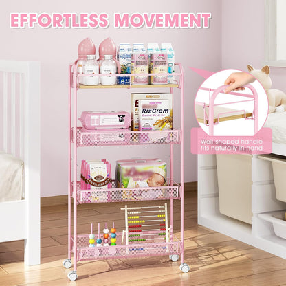 4-Tier Slim Rolling Cart, Metal Storage Cart with Wooden Tabletop and Mesh Baskets for Narrow Space on Kitchen Bathroom Laundry Room Bedroom Apartments Dormitory