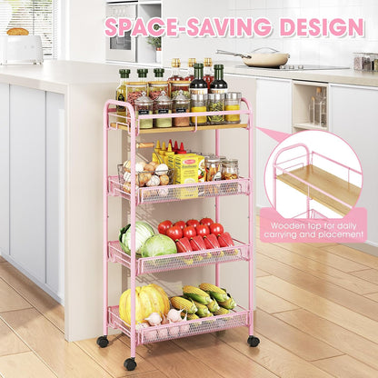 4-Tier Slim Rolling Cart, Metal Storage Cart with Wooden Tabletop and Mesh Baskets for Narrow Space on Kitchen Bathroom Laundry Room Bedroom Apartments Dormitory