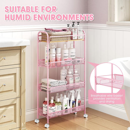 4-Tier Slim Rolling Cart, Metal Storage Cart with Wooden Tabletop and Mesh Baskets for Narrow Space on Kitchen Bathroom Laundry Room Bedroom Apartments Dormitory