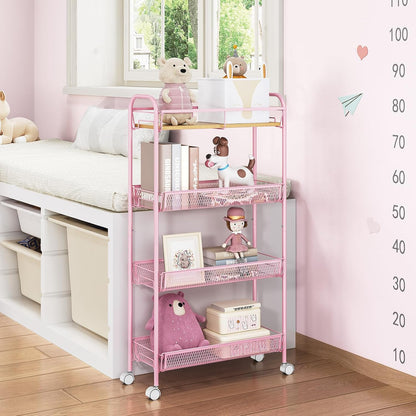 4-Tier Slim Rolling Cart, Metal Storage Cart with Wooden Tabletop and Mesh Baskets for Narrow Space on Kitchen Bathroom Laundry Room Bedroom Apartments Dormitory