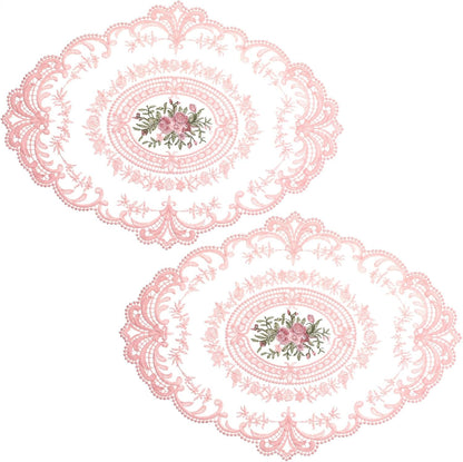 2Pcs Pink Retro Lace Placemats, 12'' x 16'' French Lace Doilies for Tables Oval Embroidered Table Place Mats Farmhouse Coasters Cup Mat for Wedding Home Table Decor (Pink)