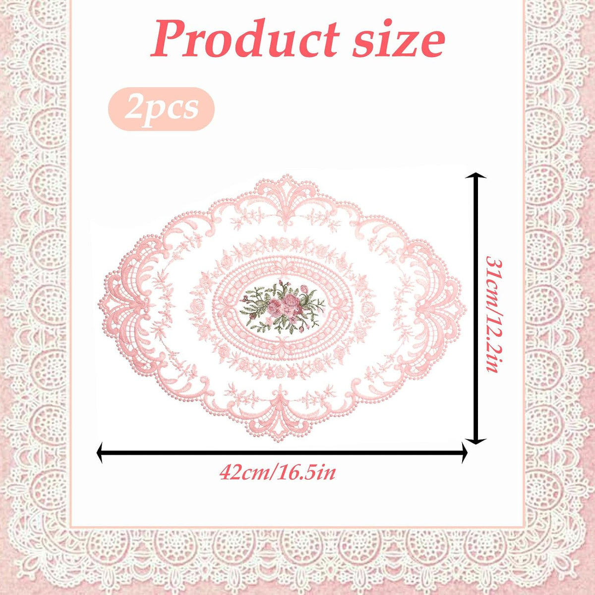 2Pcs Pink Retro Lace Placemats, 12'' x 16'' French Lace Doilies for Tables Oval Embroidered Table Place Mats Farmhouse Coasters Cup Mat for Wedding Home Table Decor (Pink)