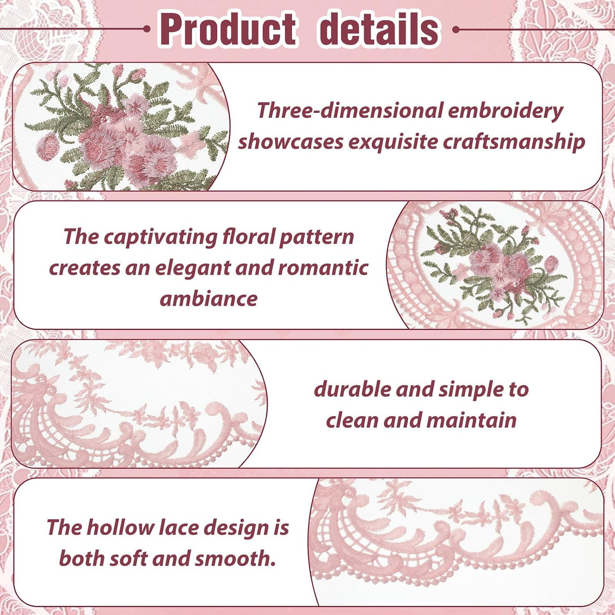 2Pcs Pink Retro Lace Placemats, 12'' x 16'' French Lace Doilies for Tables Oval Embroidered Table Place Mats Farmhouse Coasters Cup Mat for Wedding Home Table Decor (Pink)