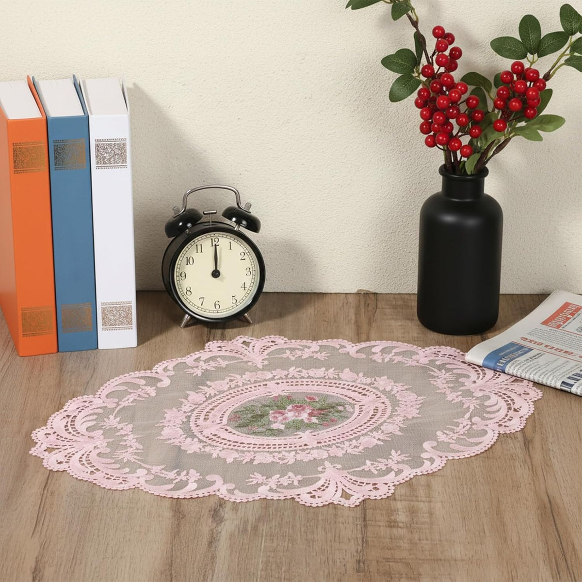 2Pcs Pink Retro Lace Placemats, 12'' x 16'' French Lace Doilies for Tables Oval Embroidered Table Place Mats Farmhouse Coasters Cup Mat for Wedding Home Table Decor (Pink)