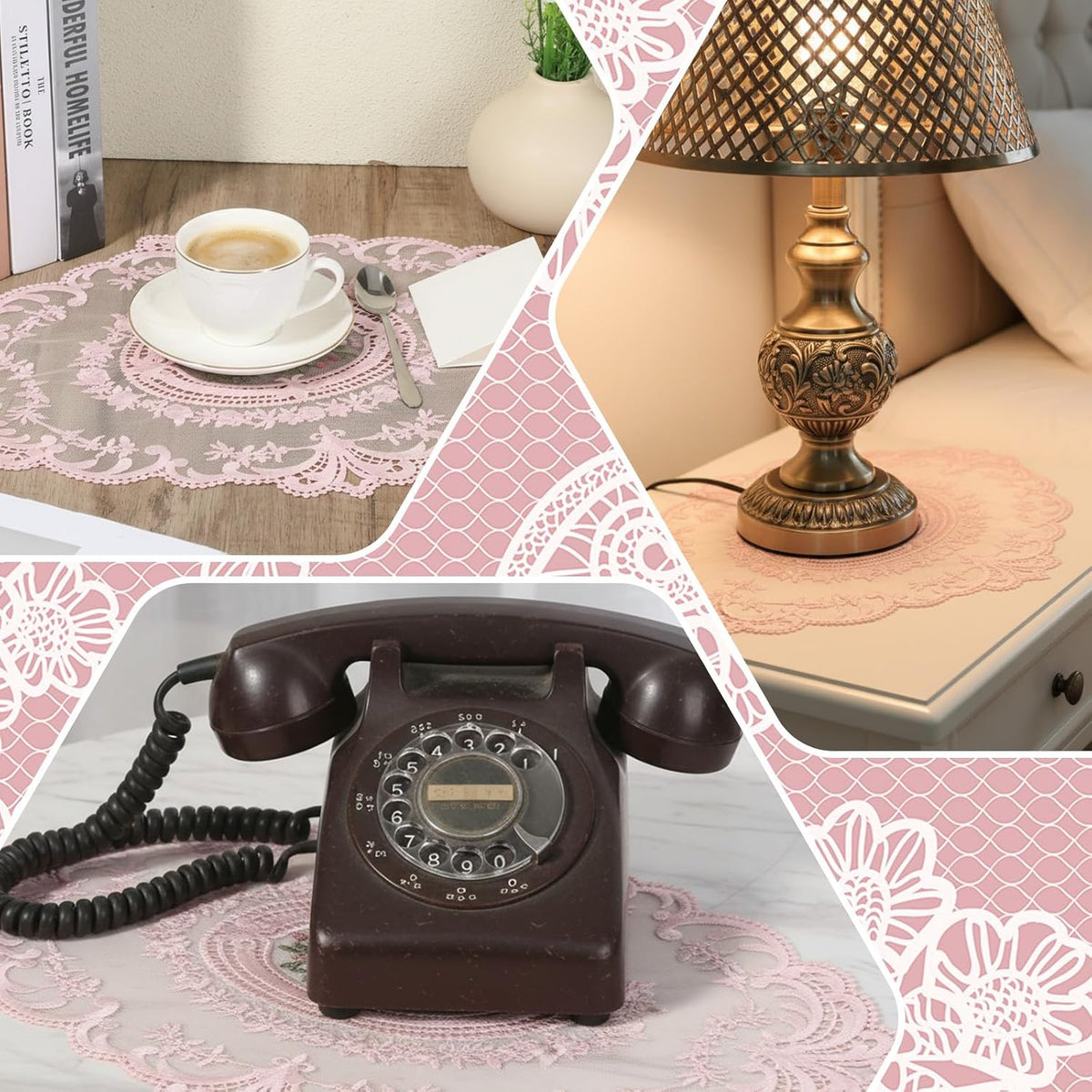 2Pcs Pink Retro Lace Placemats, 12'' x 16'' French Lace Doilies for Tables Oval Embroidered Table Place Mats Farmhouse Coasters Cup Mat for Wedding Home Table Decor (Pink)
