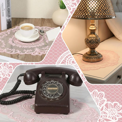 2Pcs Pink Retro Lace Placemats, 12'' x 16'' French Lace Doilies for Tables Oval Embroidered Table Place Mats Farmhouse Coasters Cup Mat for Wedding Home Table Decor (Pink)