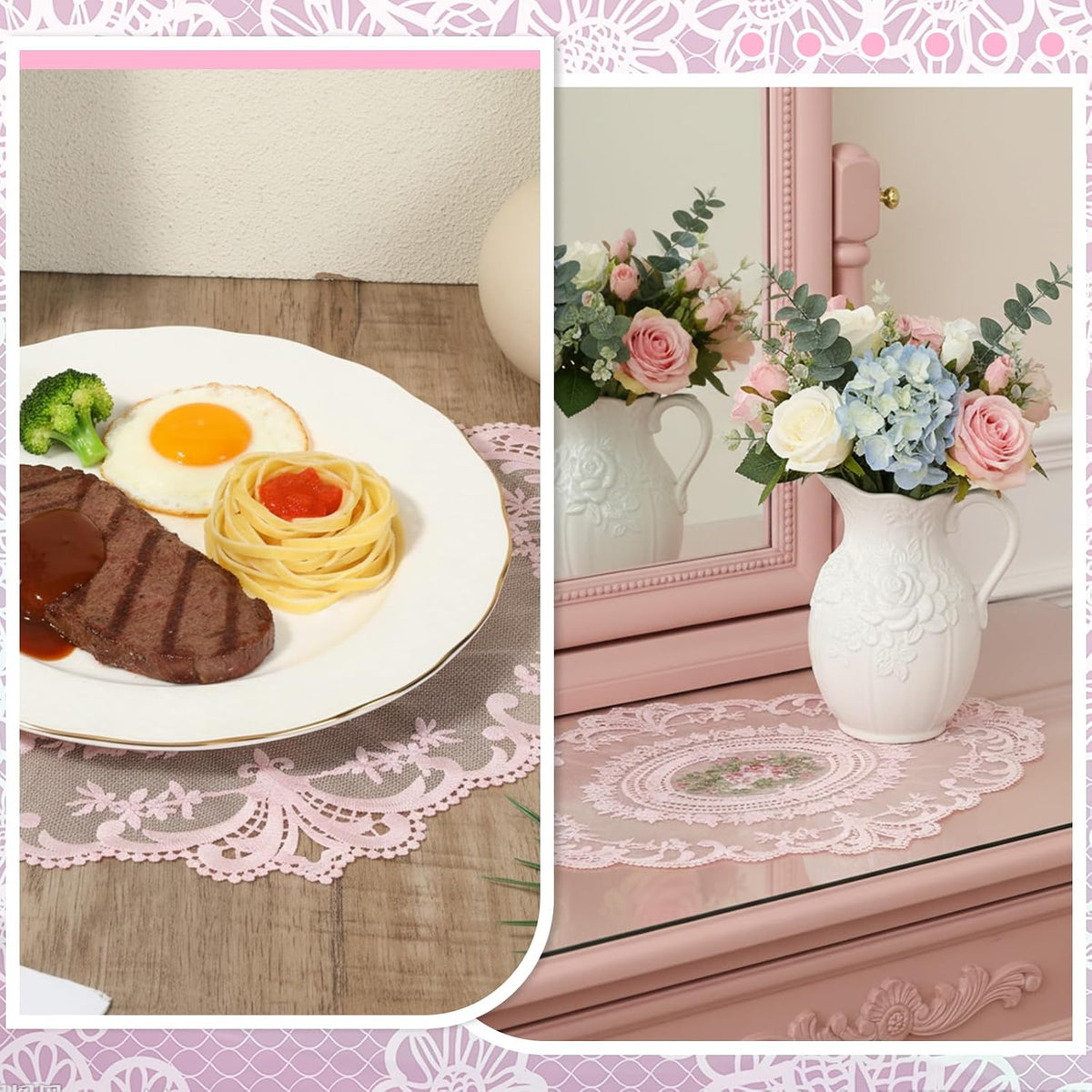 2Pcs Pink Retro Lace Placemats, 12'' x 16'' French Lace Doilies for Tables Oval Embroidered Table Place Mats Farmhouse Coasters Cup Mat for Wedding Home Table Decor (Pink)