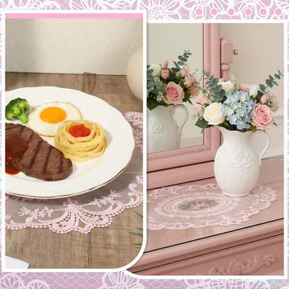 2Pcs Pink Retro Lace Placemats, 12'' x 16'' French Lace Doilies for Tables Oval Embroidered Table Place Mats Farmhouse Coasters Cup Mat for Wedding Home Table Decor (Pink)