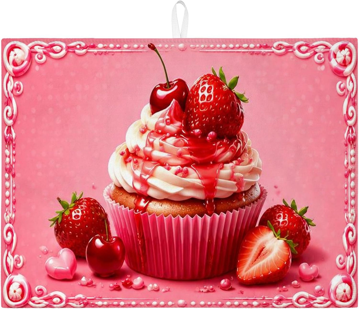 Peach Cupcake Dish Drying Mats for Kitchen Counter, Sweet Dessert Absorbent Drainer Rack Mat, Fun Microfiber Drying Pad for Coffee Bar Protector 18x24 Inch